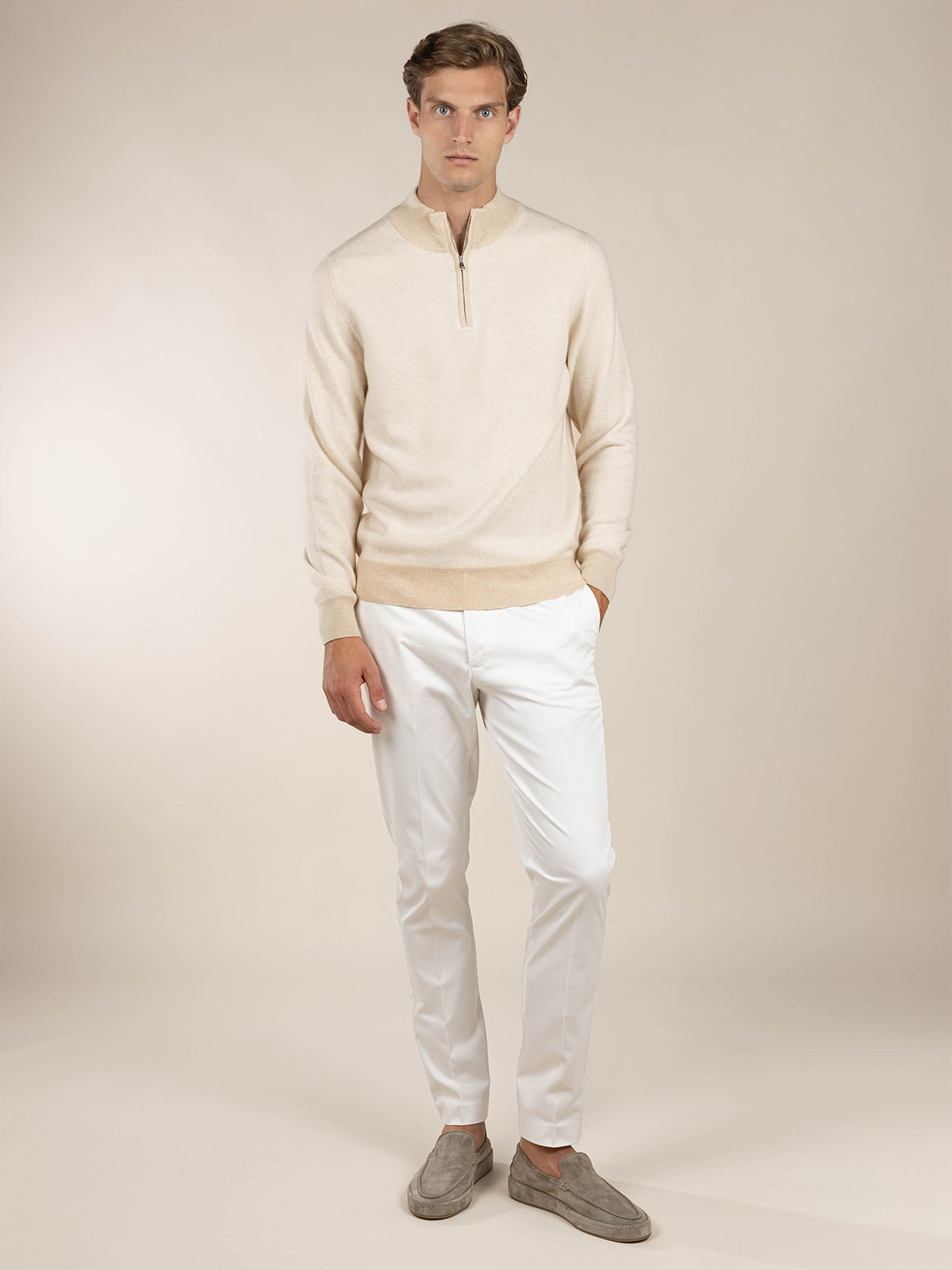 LeClub™ | Light Beige Jacquard Zipper Sweater